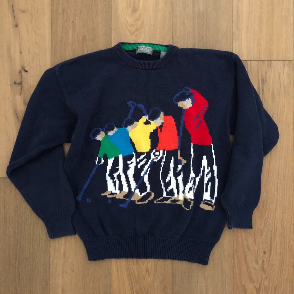 LORD & TAYLOR VTG VINTAGE Men's Golf Preppy Navy Crewneck Pullover Sweater Lg